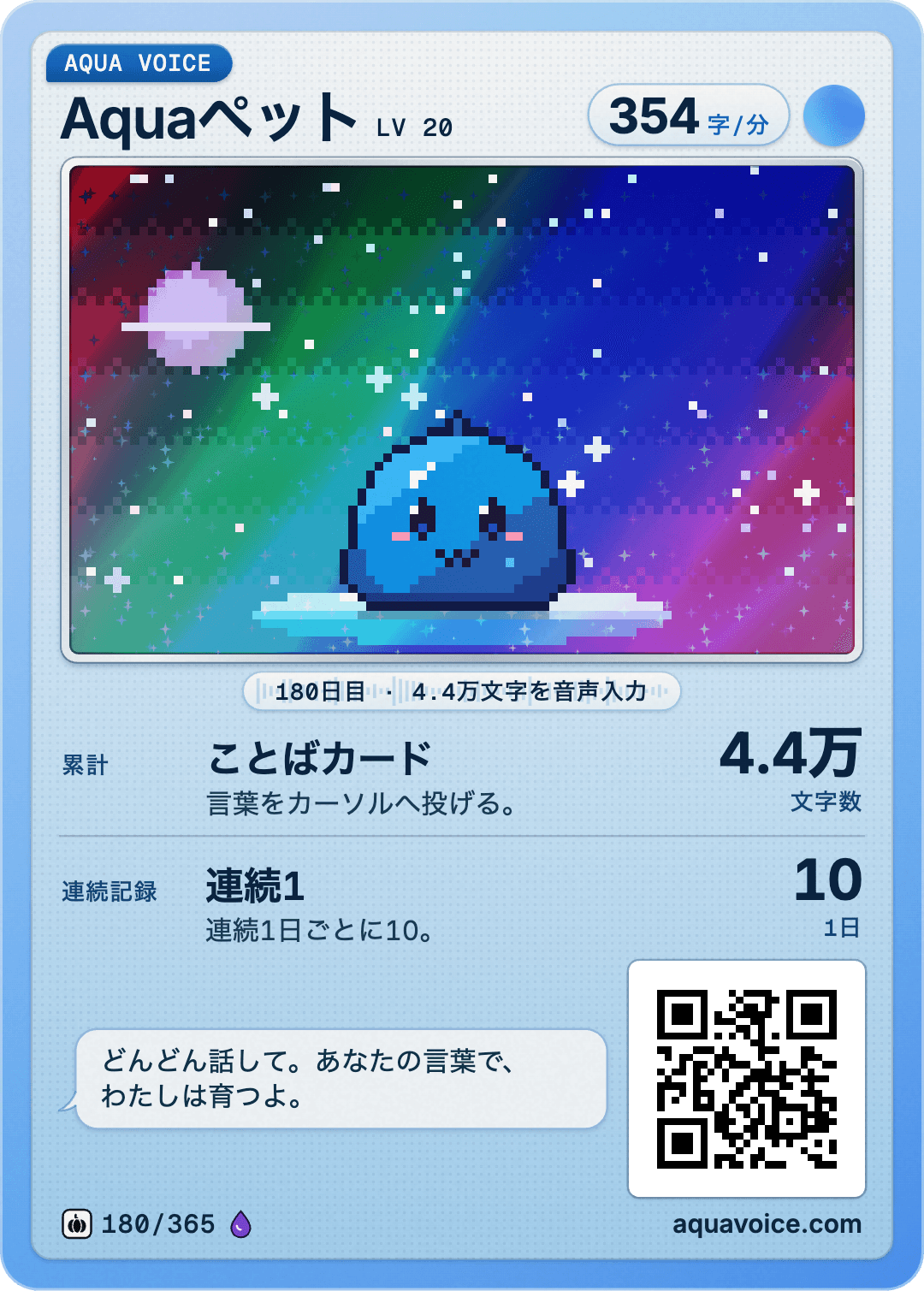This Aqua pet's Aqua pet card. 22,015 words, a 1-day streak.