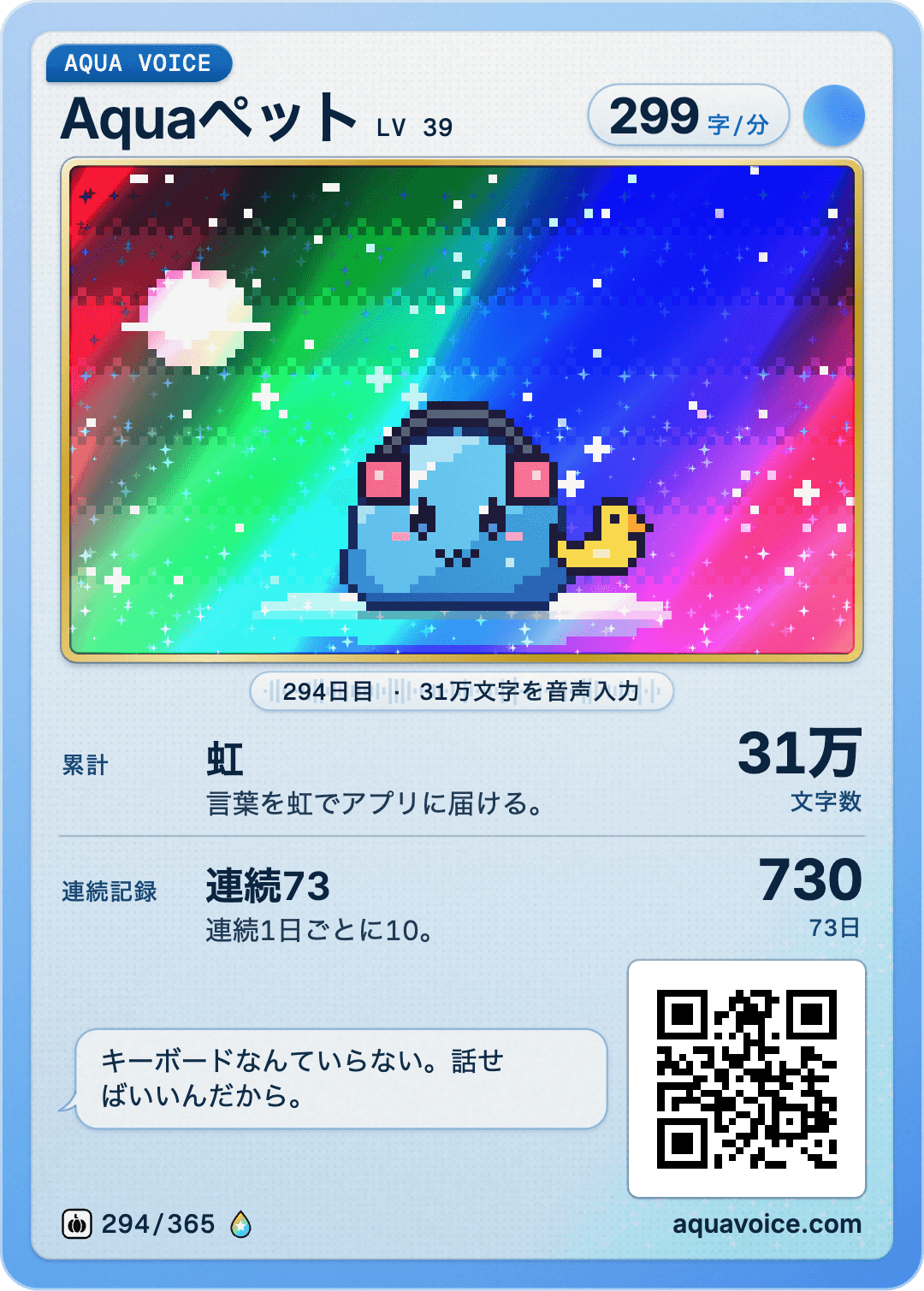 This Aqua pet's Aqua pet card. 154,891 words, a 73-day streak.
