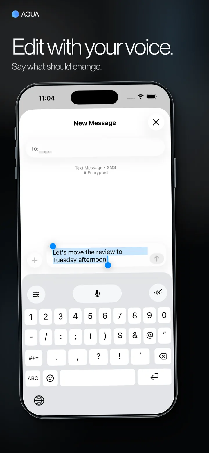 Aqua Voice editing selected text with a spoken instruction on iPhone