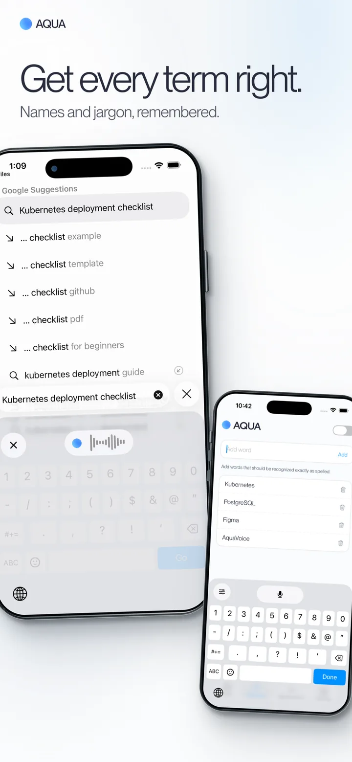 Aqua Voice custom dictionary recognizing technical terms on iPhone