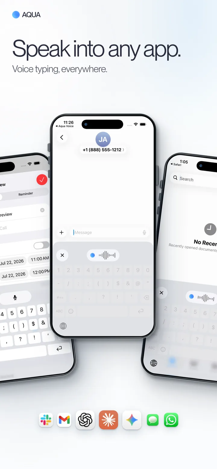 Aqua Voice keyboard dictating into several iPhone apps