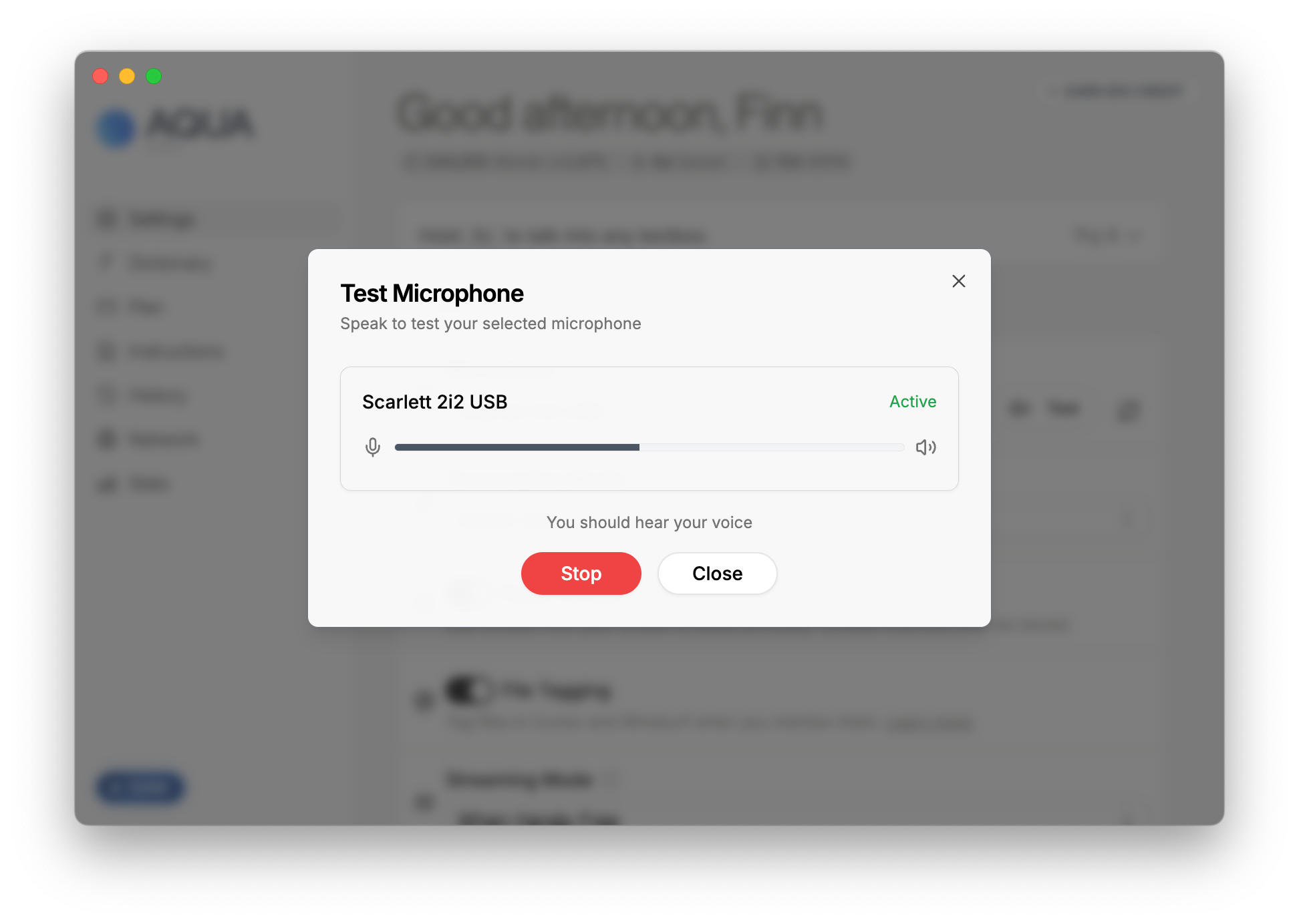 Microphone testing functionality in Aqua Voice settings.